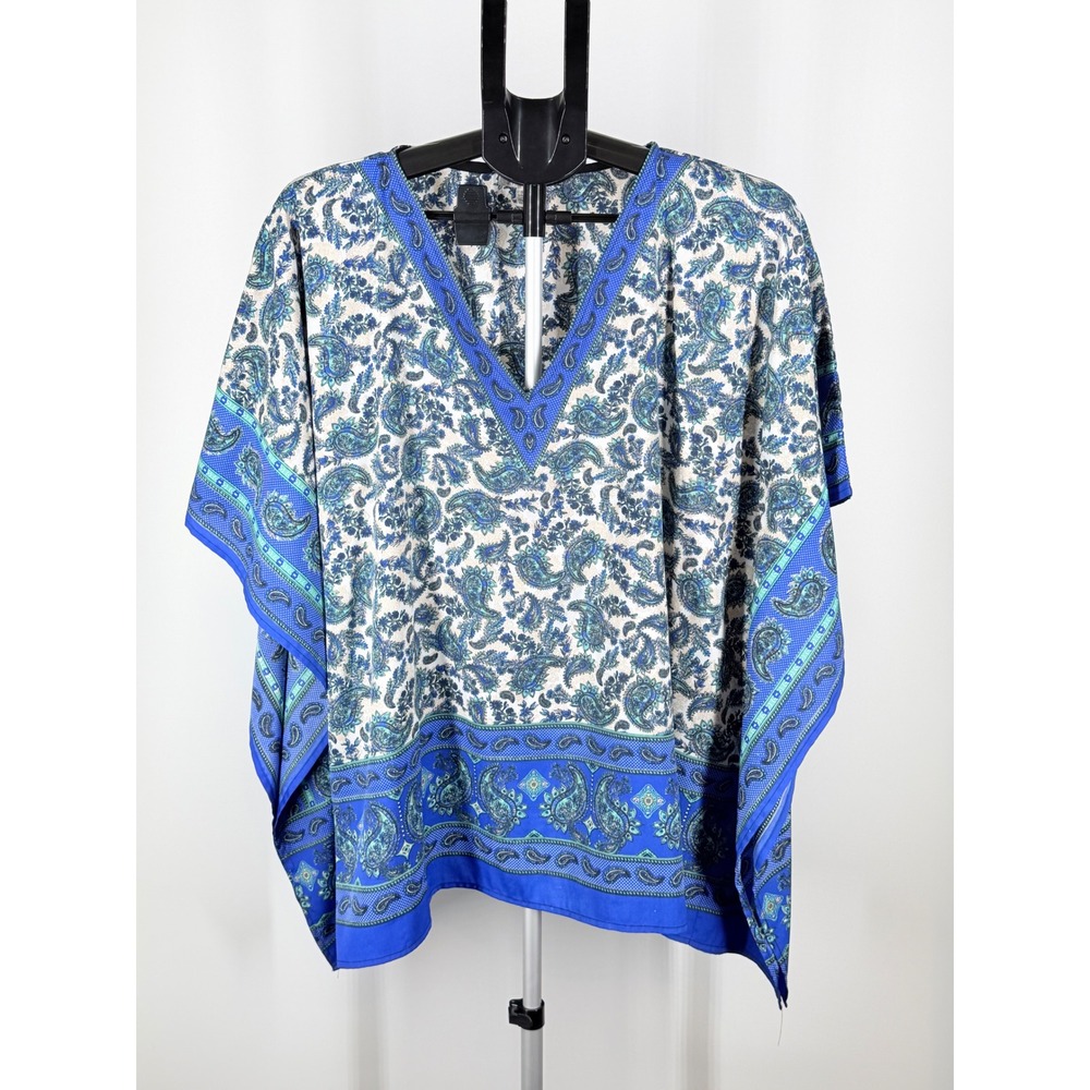 Spense Blue White Paisley Kaftan Top V-Neck Kimono Sleeve Blouse Small